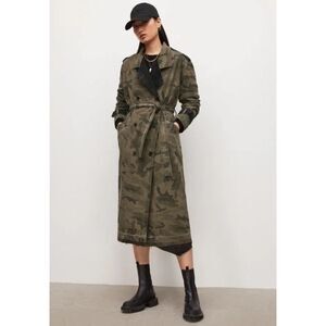AllSaints Smilla Camouflage Cotton Trench Coat Belted Camo Jacket US 2